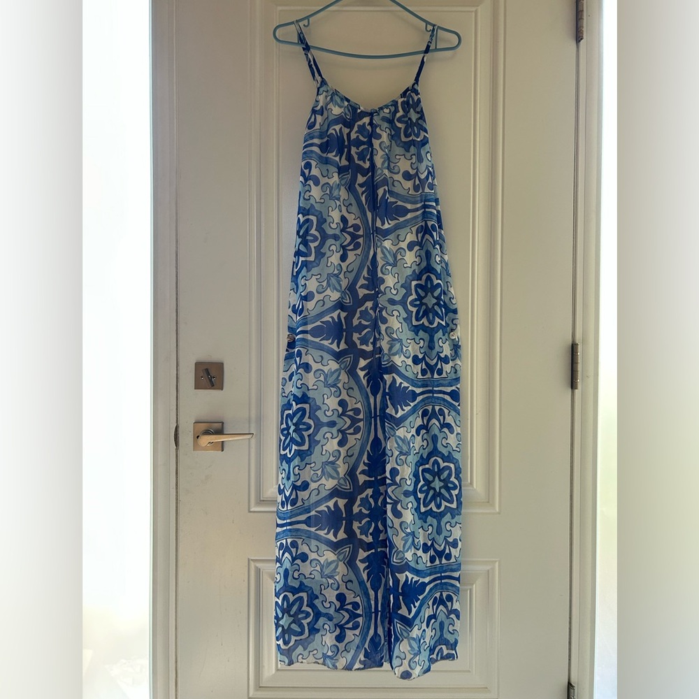 Vianova Blue and White Floral Maxi Romper in Size Medium